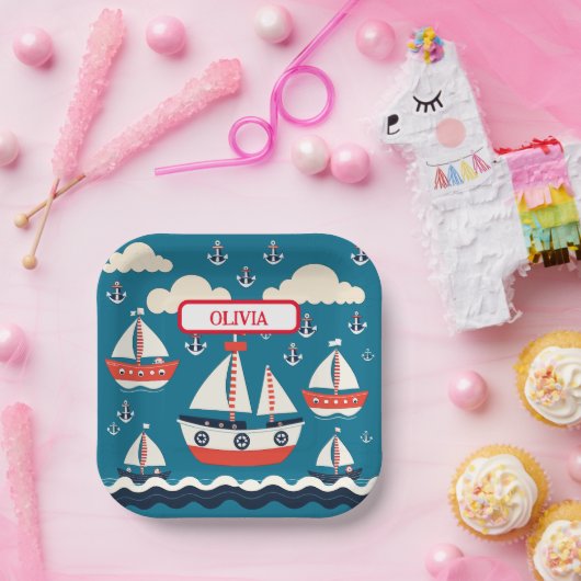 かわいい赤と白帆船といかり ペーパープレート (パーティー)