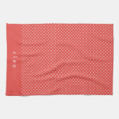 かわいい赤と白水玉模様パーソナライズされた キッチンタオル (横)