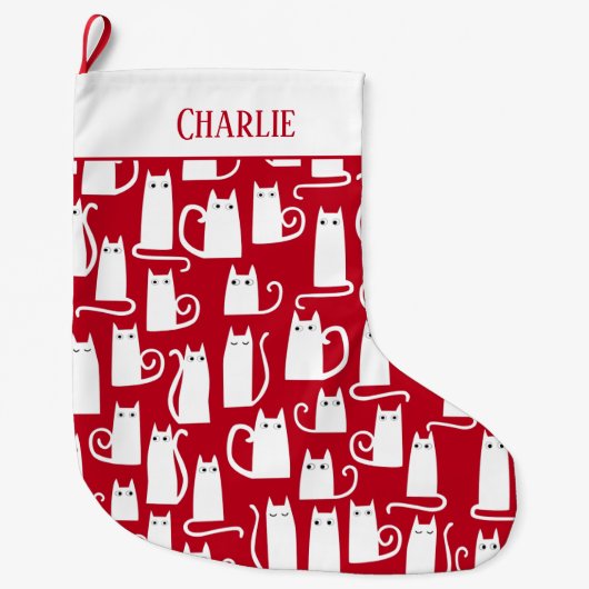 かわいい赤と白猫パーソナライズされた ラージクリスマスストッキング (正面)
