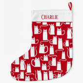 かわいい赤と白猫パーソナライズされた ラージクリスマスストッキング (裏面)