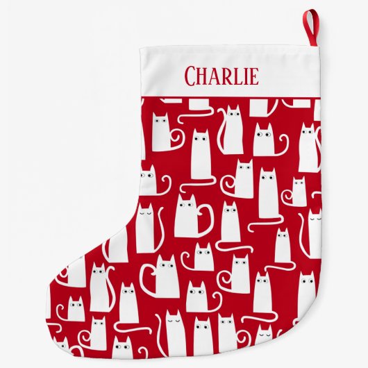 かわいい赤と白猫パーソナライズされた ラージクリスマスストッキング (裏面)