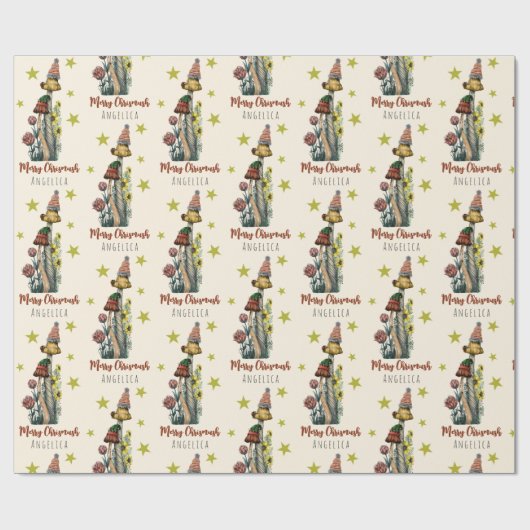 かわいい赤と緑のキノコのクリスマス名前をカスタムする ラッピングペーパー (フラット)