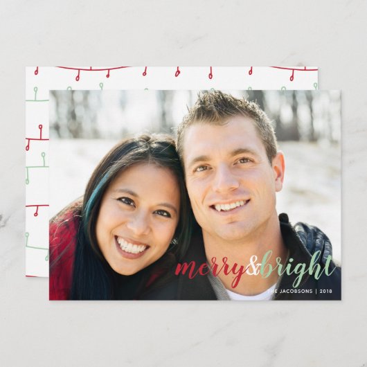 かわいい赤と緑のクリスマスライト家族写真 シーズンカード (正面/裏面)