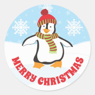 かわいい赤と緑の帽子のクリスマス ペンギン ラウンドシール
