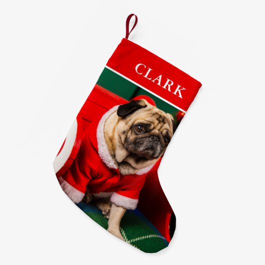 かわいい赤と緑の犬の子犬ペットの写真名 スモールクリスマスストッキング (正面 (吊り時))