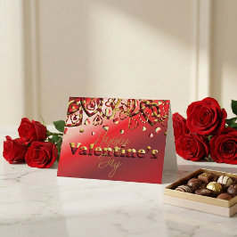 かわいい赤と金のストライプのハート バレンタインデー シーズンカード