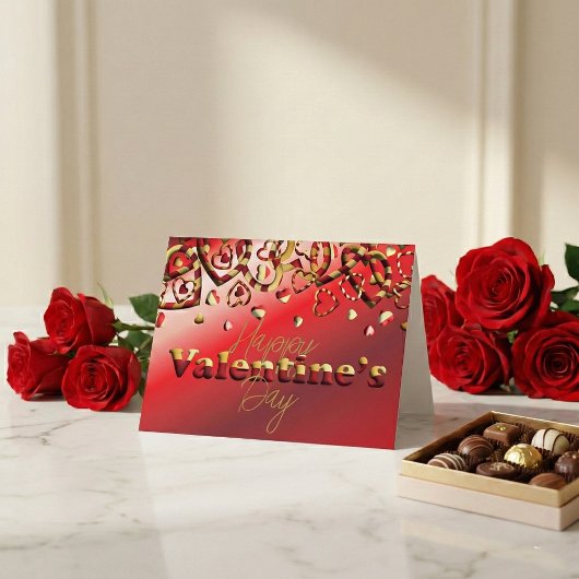 かわいい赤と金ゴールドストライプのハートバレンタインデー シーズンカード