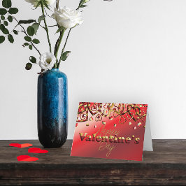 かわいい赤と金ゴールドストライプのハートバレンタインデー シーズンカード