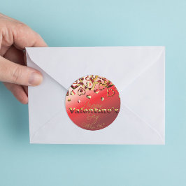 かわいい赤と金ゴールドストライプのハートバレンタインデー ラウンドシール