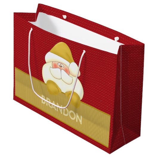 かわいい赤と金ゴールド水玉模様とサンタ ラージペーパーバッグ (正面アングル)