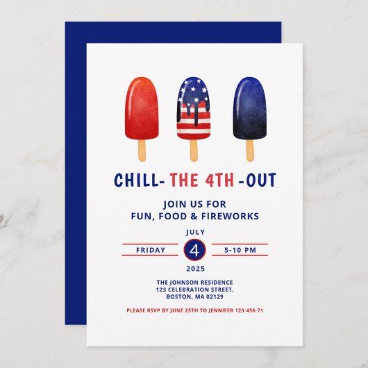 かわいい赤と青のポプシクル7月4日 招待状 (正面/裏面)