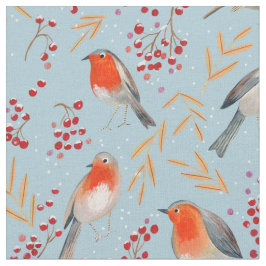 かわいい赤と青の冬のクリスマス鳥ロビン柄 ファブリック