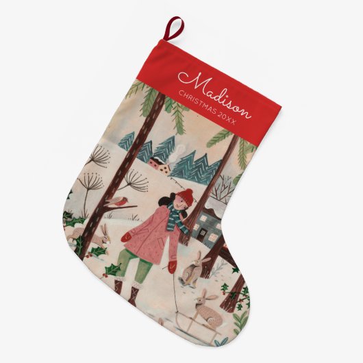 かわいい赤と青スケートで滑る冬の風景パターンL ラージクリスマスストッキング (正面 (吊り時))