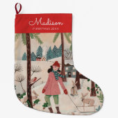 かわいい赤と青スケートで滑る冬の風景パターンL ラージクリスマスストッキング (正面)