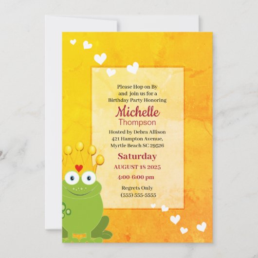 かわいい赤と黄色のプリンセスカエル誕生日 招待状 (正面)