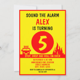 かわいい赤と黄色のベクトル子供用消防車の誕生日 招待状
