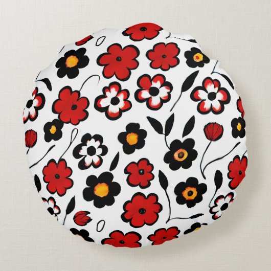 かわいい赤と黒と白の花柄 ラウンドクッション (裏面)