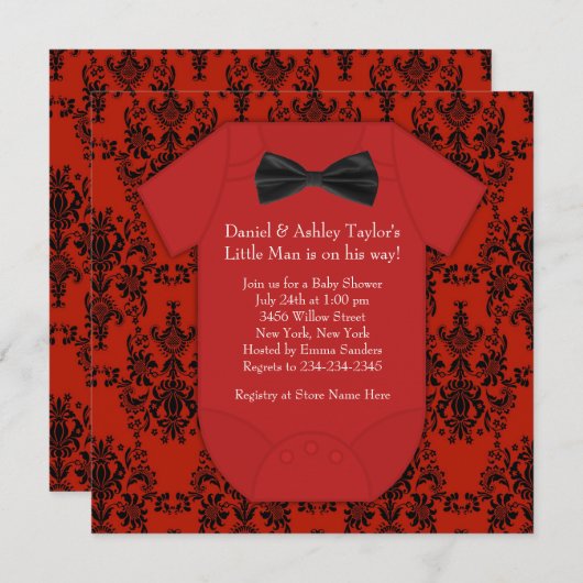 かわいい赤と黒の男の赤ちゃんシャワー 招待状 (正面/裏面)