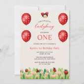 かわいい赤の小さなラディバグ女の子1st誕生日テーマ 招待状 (正面)