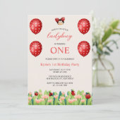 かわいい赤の小さなラディバグ女の子1st誕生日テーマ 招待状 (スタンド正面)