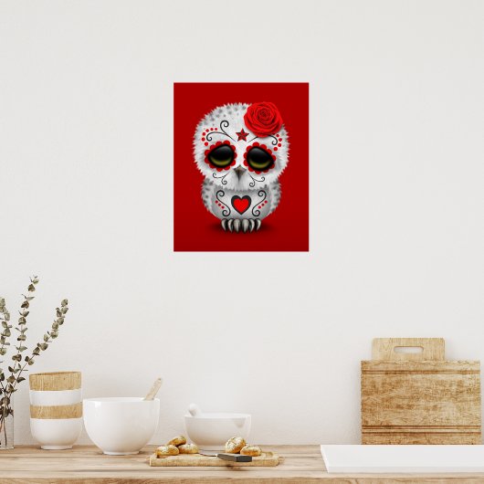 かわいい赤の死んだ砂糖の日スカルフクロウ赤 ポスター (キッチン)