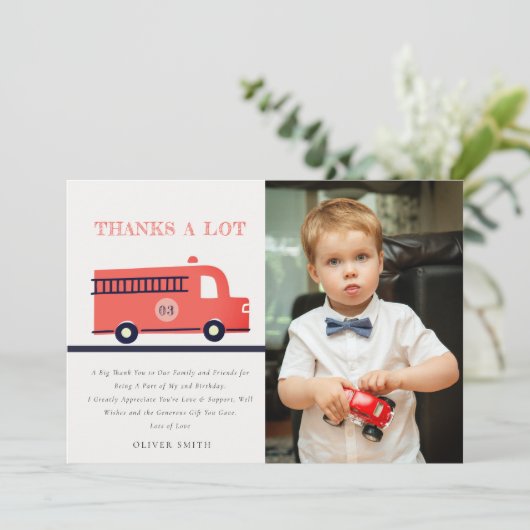 かわいい赤の海軍の消防車の写真任意の年齢の誕生日 サンキューカード (スタンド正面)