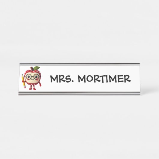 かわいい赤りんご保持イエローペンシル先生 デスクネームプレート (正面)