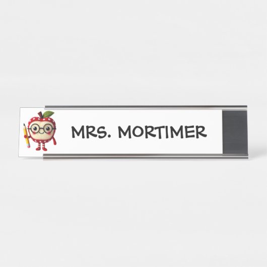 かわいい赤りんご保持イエローペンシル先生 デスクネームプレート (正面)