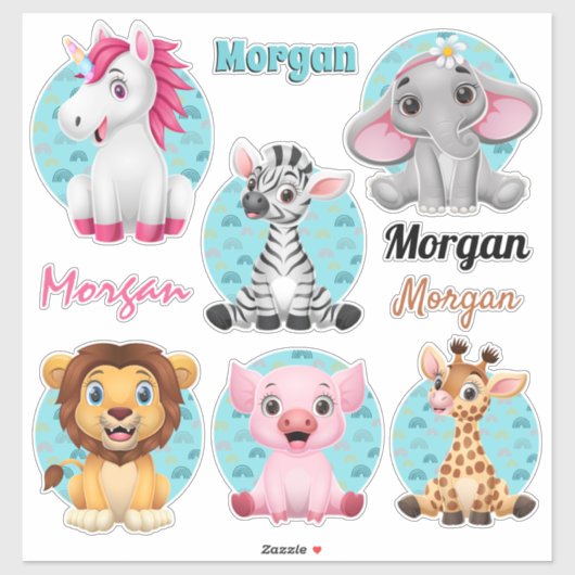 かわいい赤ん坊の動物カラフル6、芸術、4名 シール (シート)