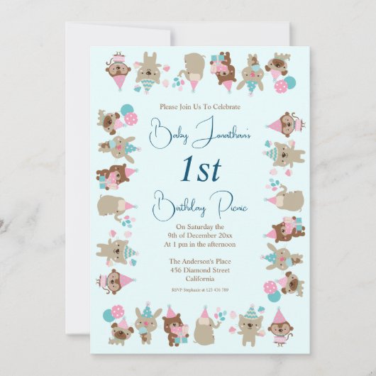 かわいい赤ん祝坊の動物の誕生日ピクニック 招待状 (正面)