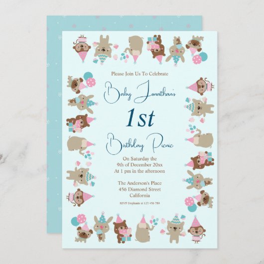 かわいい赤ん祝坊の動物の誕生日ピクニック 招待状 (正面/裏面)