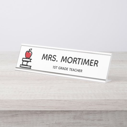 かわいい赤アップルブックス1年生先生 デスクネームプレート (正面)