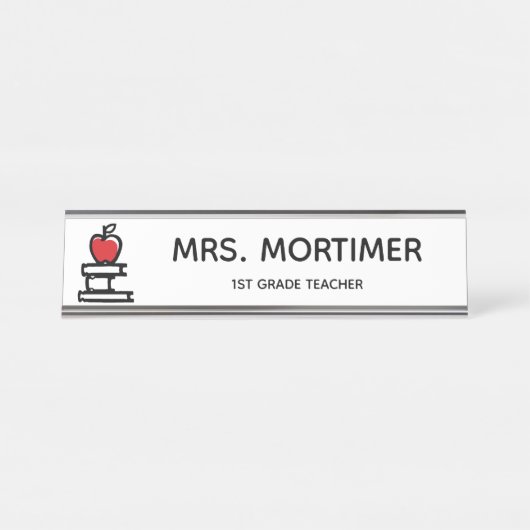 かわいい赤アップルブックス1年生先生 デスクネームプレート (正面)
