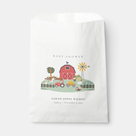 かわいい赤エレガント納屋周囲の庭ファーム動物ベビーシャワー フェイバーバッグ (正面)