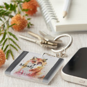 かわいい赤キツネお洒落水彩少女 キーホルダー (正面右)