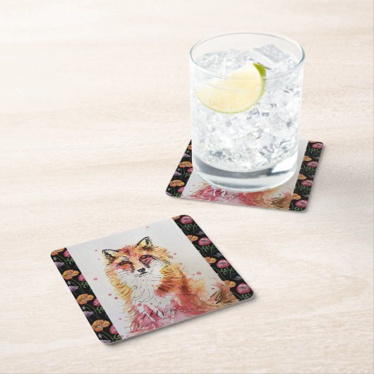 かわいい赤キツネと花飲み物用コースター スクエアペーパーコースター (インサイチュ)