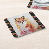 かわいい赤キツネと花飲み物用コースター スクエアペーパーコースター (アングル)