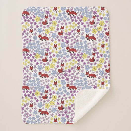 かわいい赤キツネカラフルワイルドフラワーキッズ シェルパブランケット (正面)
