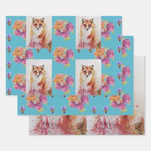かわいい赤キツネ水彩木地バラ動物芸術 ラッピングペーパーシート (セット)