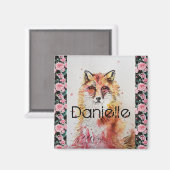 かわいい赤キツネ水色ピンクローズガールズレディース マグネット (正面/裏面)