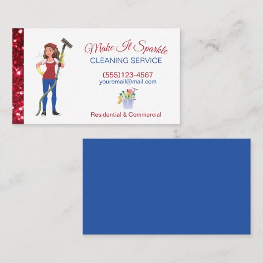 かわいい赤グリッター漫画メイド清掃サービス 名刺 (正面/裏面)