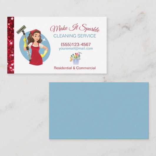 かわいい赤グリッター漫画メイド清掃サービス 名刺 (正面/裏面)