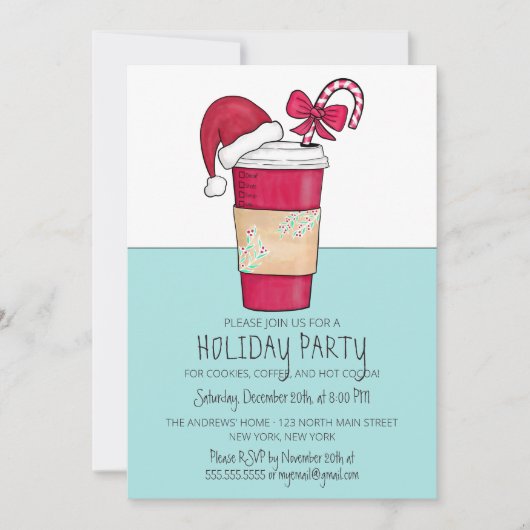 かわいい赤サンタハットコーヒーキャンディーケーンホリデー 招待状 (正面)