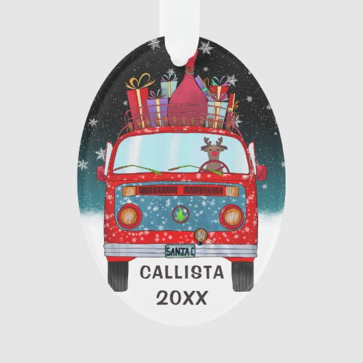 かわいい赤サンタバントナカイ犬の雪のクリスマス オーナメント (正面)