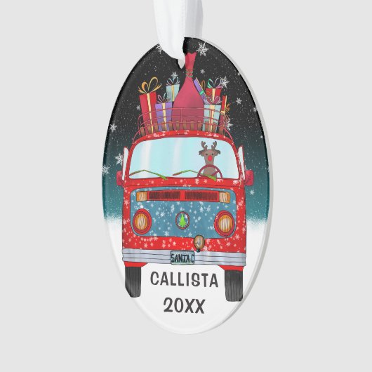 かわいい赤サンタバントナカイ犬の雪のクリスマス オーナメント (正面)