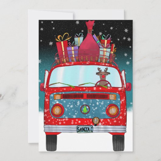 かわいい赤サンタバントナカイ犬の雪のクリスマス 招待状 (裏面)