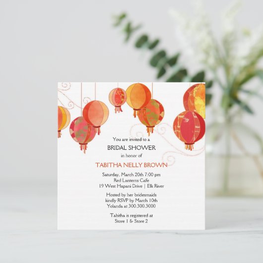 かわいい赤スタイリッシュ灯提灯ブライダルシャワー招待状 招待状 (スタンド正面)