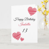 かわいい赤ストライプの水色ハート13誕生日 カード (黄色い花)