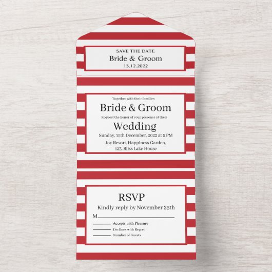 かわいい赤ストライプ白い全員で結婚式を招待 オールインワン招待状 (内側)