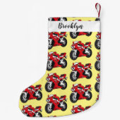 かわいい赤スポーツバイクの漫画 スモールクリスマスストッキング (裏面)